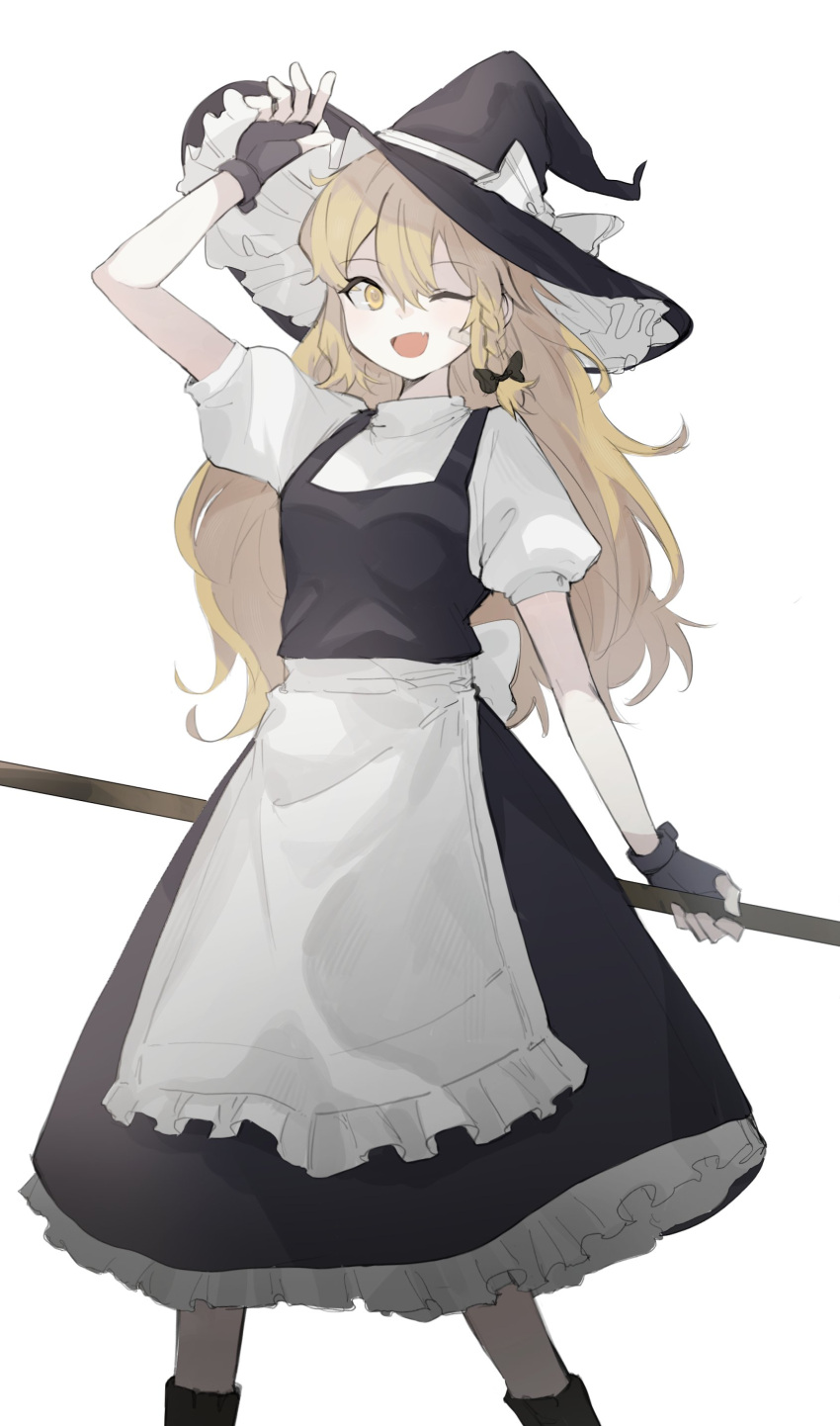 absurdres apron arm_up bandaid bandaid_on_cheek bandaid_on_face black_gloves black_ribbon blonde_hair boots bow braid fang fingerless_gloves frilled_apron frilled_skirt frills gloves hand_up hat hat_bow highres kirisame_marisa long_hair puffy_short_sleeves puffy_sleeves retri ribbon shirt short_sleeves simple_background skirt smile solo standing touhou white_apron white_background white_shirt witch witch_hat yellow_eyes
