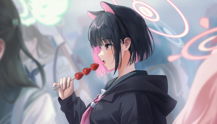 1girl absurdres animal_ears black_hair black_hoodie blue_archive blunt_bangs blurry blurry_background blush bob_cut cat_ears close-up colored_inner_hair commentary crowd dorosi033 eyelashes food from_side fruit halo hand_up highres holding holding_food hood hood_down hoodie kazusa_(blue_archive) looking_at_food multicolored_hair neckerchief open_mouth pink_eyes pink_hair pink_halo pink_neckerchief profile school_uniform serafuku short_hair sleeves_past_wrists solo straight_hair strawberry tongue tongue_out two-tone_hair