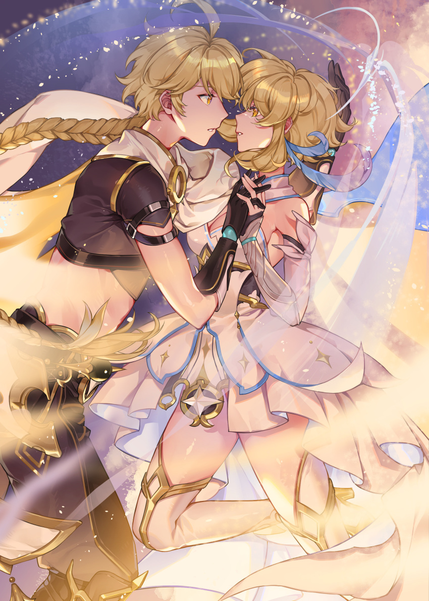 1boy 1girl absurdres aether_(genshin_impact) ahoge arm_armor arm_behind_head bare_shoulders black_gloves black_pants black_shirt blonde_hair boots braid braided_ponytail breasts brother_and_sister cape crop_top detached_sleeves dress feather_hair_ornament feathers fingerless_gloves genshin_impact gloves gold_trim hair_ornament hand_on_another's_head hetero highres holding_hands incest interlocked_fingers light long_hair looking_at_another lumine_(genshin_impact) medium_breasts orange_sekaii pants parted_lips scarf shirt short_hair_with_long_locks short_sleeves siblings sleeveless sleeveless_dress thigh_boots vambraces white_cape white_dress white_footwear white_scarf yellow_eyes