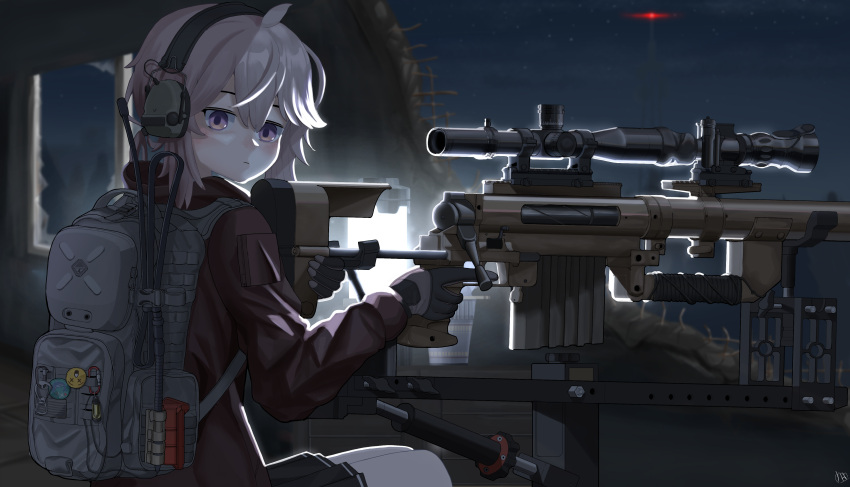 1girl absurdres ahoge backpack bag black_skirt bolt_action broken_window brown_jacket cheychan cheytac_m200 closed_mouth ear_protection english_commentary girls_frontline gloves grey_hair gun hair_between_eyes highres holding holding_weapon jacket lantern looking_at_viewer m200_(girls'_frontline) medium_hair night pleated_skirt radio_tower rifle scope sitting skirt sniper_rifle solo star_(sky) two-tone_gloves violet_eyes weapon wooden_box