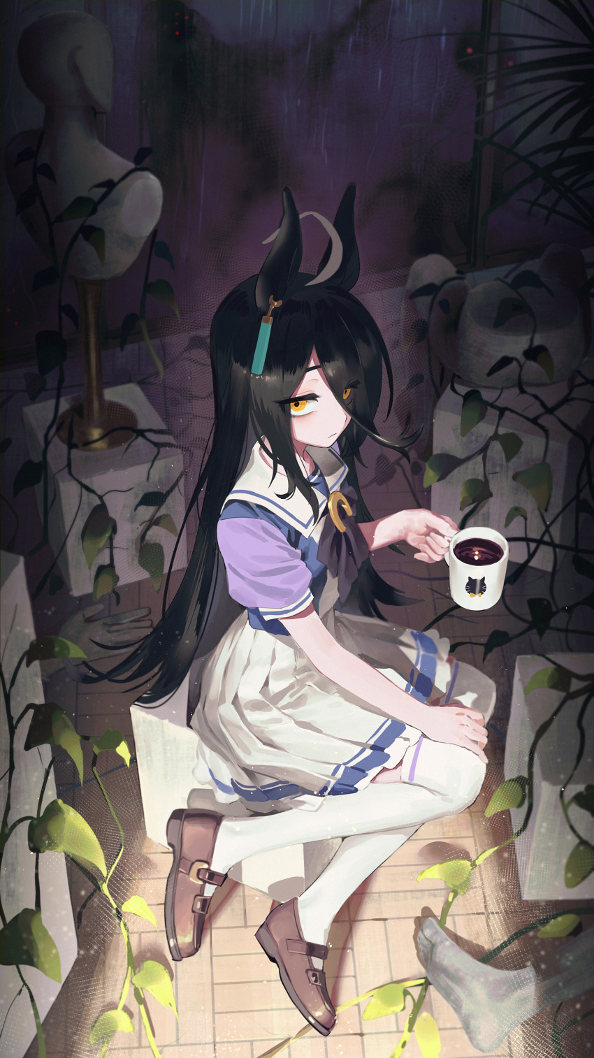 1girl absurdres ahoge animal_ears black_hair brown_footwear closed_mouth coffee commentary cup english_commentary eyes_visible_through_hair highres holding holding_cup horse_ears horse_girl horse_tail long_hair manhattan_cafe_(umamusume) plant pleated_skirt sarcophage school_uniform shoes short_sleeves skirt solo statue tail thigh-highs tracen_school_uniform umamusume vines white_skirt white_thighhighs yellow_eyes