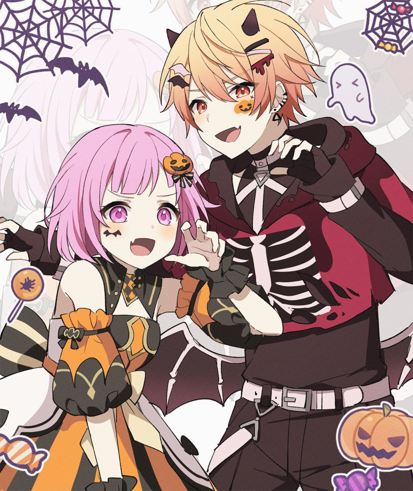1boy 1girl bare_shoulders bat_(animal) belt black_horns blunt_bangs bob_cut bow candy cropped_jacket double-parted_bangs dress facepaint food food-themed_hair_ornament ghost gradient_hair hair_ornament hairclip halloween halloween_costume highres horns jack-o'-lantern jacket lollipop long_sleeves look_128 multicolored_hair ootori_emu open_mouth orange_dress orange_eyes orange_hair pink_eyes pink_hair project_sekai puffy_short_sleeves puffy_sleeves pumpkin pumpkin_hair_ornament red_jacket short_hair short_sleeves silk skeleton spider_web striped striped_bow tenma_tsukasa white_belt wings wrapped_candy wrist_cuffs