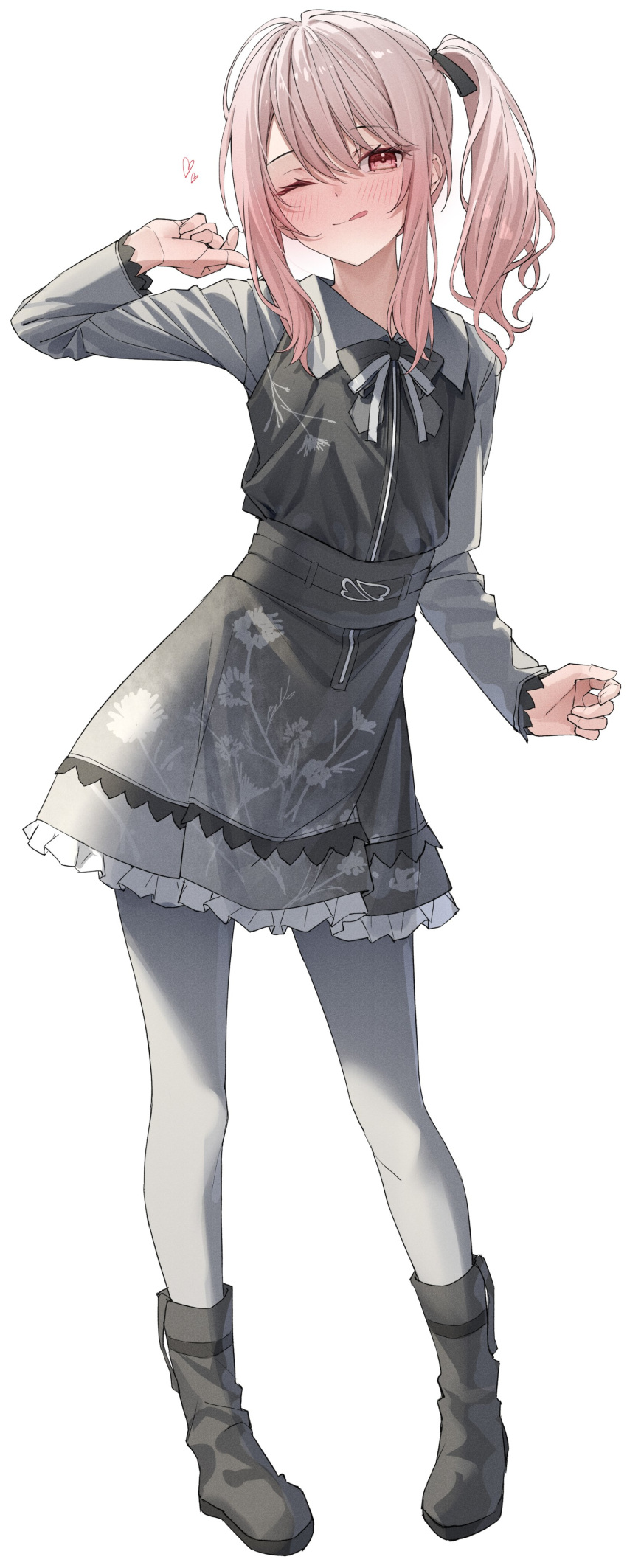 1other ;q absurdres akiyama_mizuki black_bow black_bowtie black_dress blush bow bowtie commentary dress finger_heart floral_print full_body grey_pantyhose heart highres kawai_ritsu_(rits_meg) long_sleeves looking_at_viewer one_eye_closed pantyhose petticoat pink_hair project_sekai red_eyes side_ponytail sidelocks simple_background solo tongue tongue_out white_background