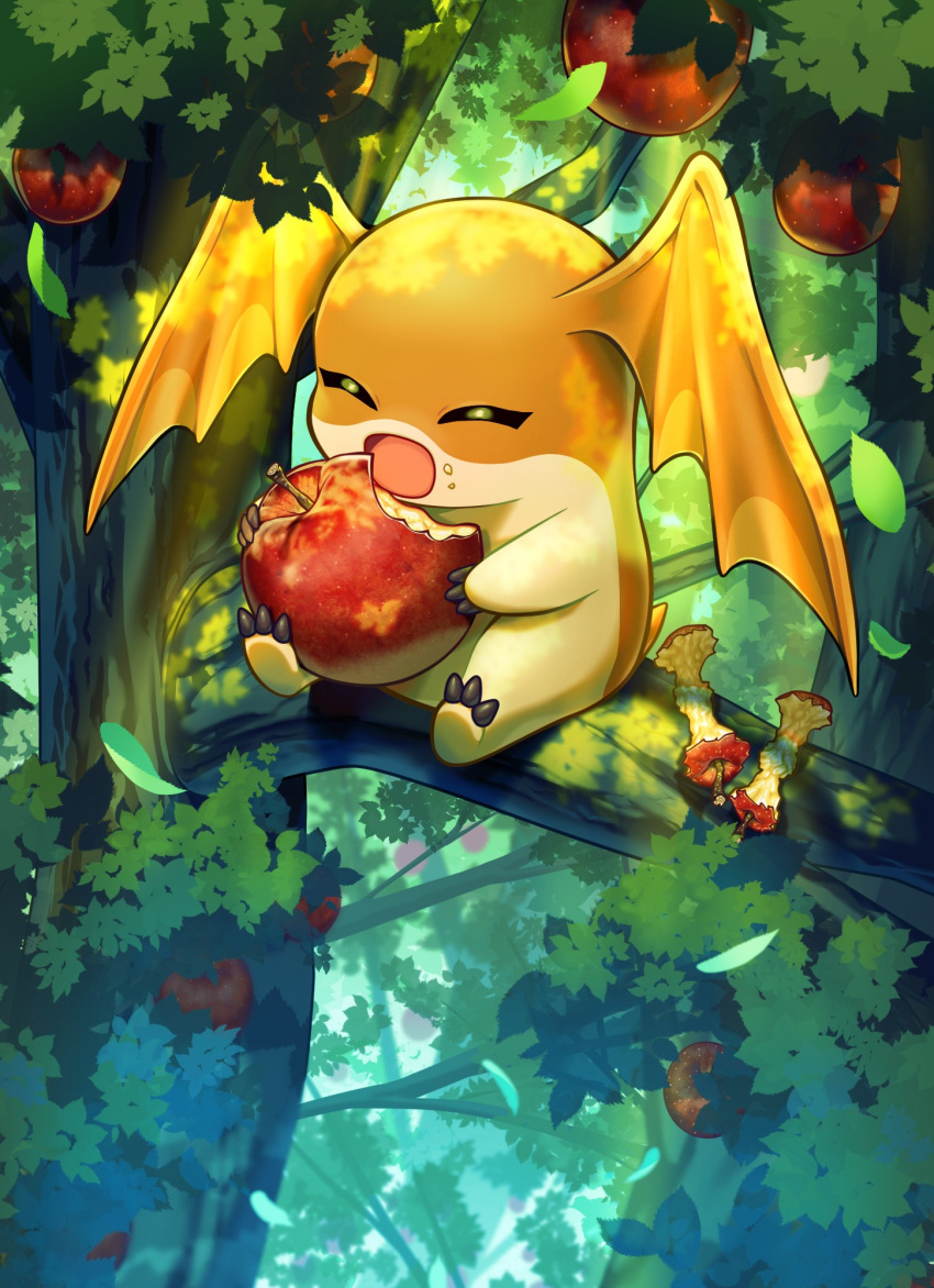 1other apple closed_eyes digimon digimon_(creature) eating food fruit highres holding holding_food holding_fruit in_tree leaf mojuke no_humans open_mouth patamon red_apple sitting solo tree wings