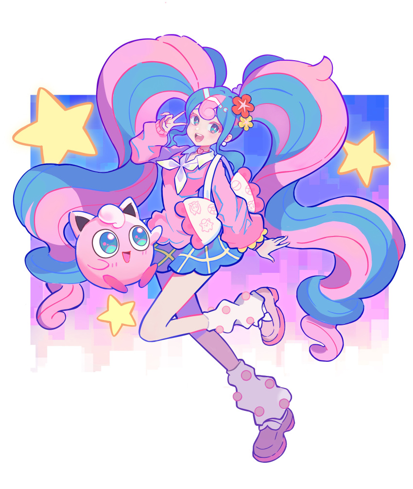 1girl absurdres bag blue_skirt bull_sprite_(pokemon) cardigan choker clefairy_sprite_(pokemon) commentary earrings fairy_miku_(project_voltage) flower hair_flower hair_ornament hatsune_miku heart heart_choker highres jewelry jigglypuff kinjae leg_warmers long_hair looking_at_viewer multicolored_hair pink_cardigan pink_footwear pokemon pokemon_(creature) project_voltage scrunchie shoulder_bag skirt standing standing_on_one_leg star_(symbol) twintails two-tone_hair v very_long_hair vocaloid wrist_scrunchie