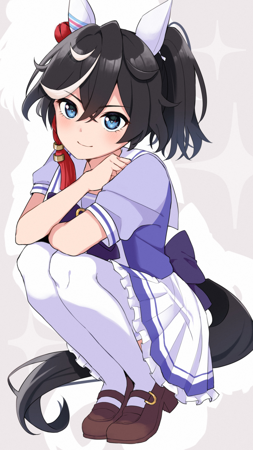 1girl absurdres animal_ears back_bow black_hair blue_eyes blush bow brown_footwear closed_mouth commentary_request ear_covers hair_between_eyes hair_ornament highres horse_ears horse_girl horse_tail katsuragi_ace_(umamusume) kneeling loafers looking_at_viewer medium_hair multicolored_hair petticoat ponytail prtn_(ttnx) puffy_short_sleeves puffy_sleeves purple_bow purple_shirt school_uniform shirt shoes short_sleeves simple_background smile solo streaked_hair summer_uniform tail tassel tassel_hair_ornament thigh-highs tracen_school_uniform umamusume white_background white_hair white_thighhighs