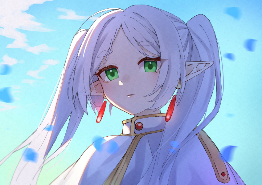 1girl absurdres blue_sky blurry capelet clouds cloudy_sky commentary earrings elf falling_petals forehead frieren green_eyes hair_intakes highres jewelry long_hair looking_at_viewer parted_bangs parted_lips petals pointy_ears sky solo solo_focus sousou_no_frieren thick_eyebrows upper_body white_capelet white_hair yozakurayuyu