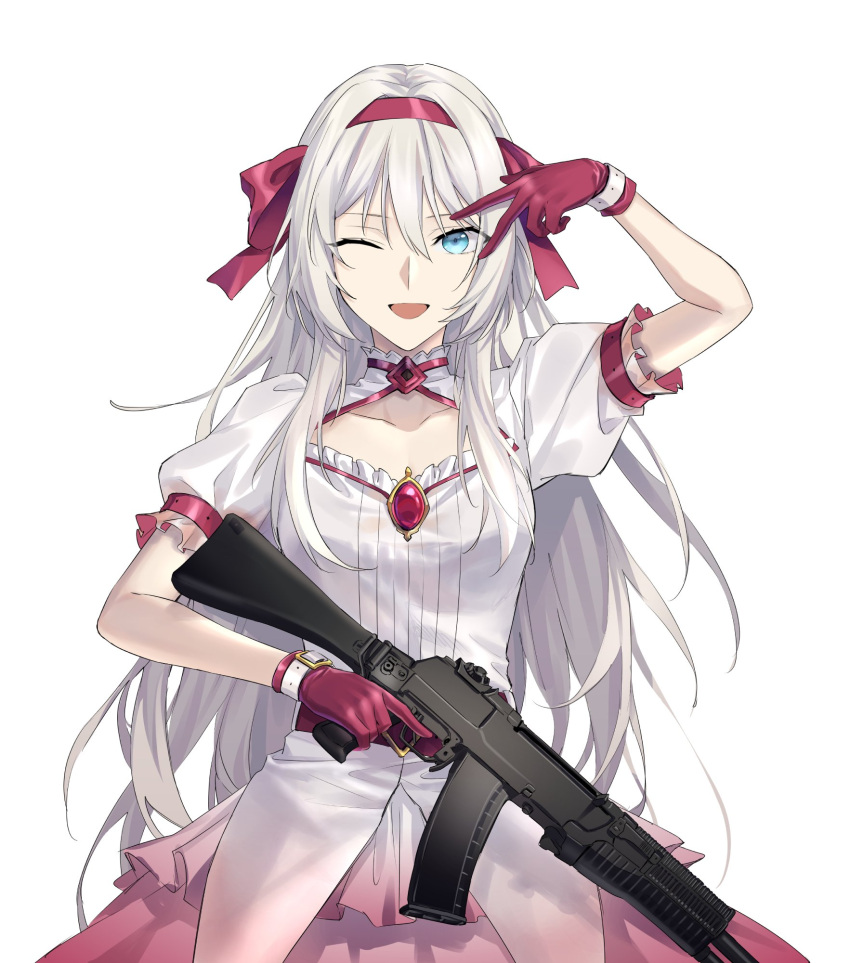 1girl ;d an-94 an-94_(girls'_frontline) assault_rifle blue_eyes breasts cleavage_cutout clothing_cutout collarbone dress girls_frontline gloves gun hair_ribbon hand_up highres holding holding_weapon long_hair one_eye_closed open_mouth puffy_sleeves red_dress red_gloves red_ribbon ribbon rifle short_sleeves simple_background small_breasts smile solo suprii trigger_discipline two-tone_dress v very_long_hair weapon white_background white_dress white_hair