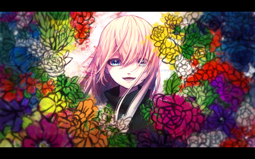 1girl absurdres black_sweater blue_eyes blue_flower blue_rose brush_stroke floral_background flower hair_between_eyes hair_over_one_eye highres kiumu_gackpo leia_(vocaloid) looking_at_viewer megurine_luka open_mouth orange_flower paint_stains pink_hair poppy_(flower) purple_flower red_flower rose signature smile solo sweater turtleneck turtleneck_sweater vocaloid white_flower white_rose wind