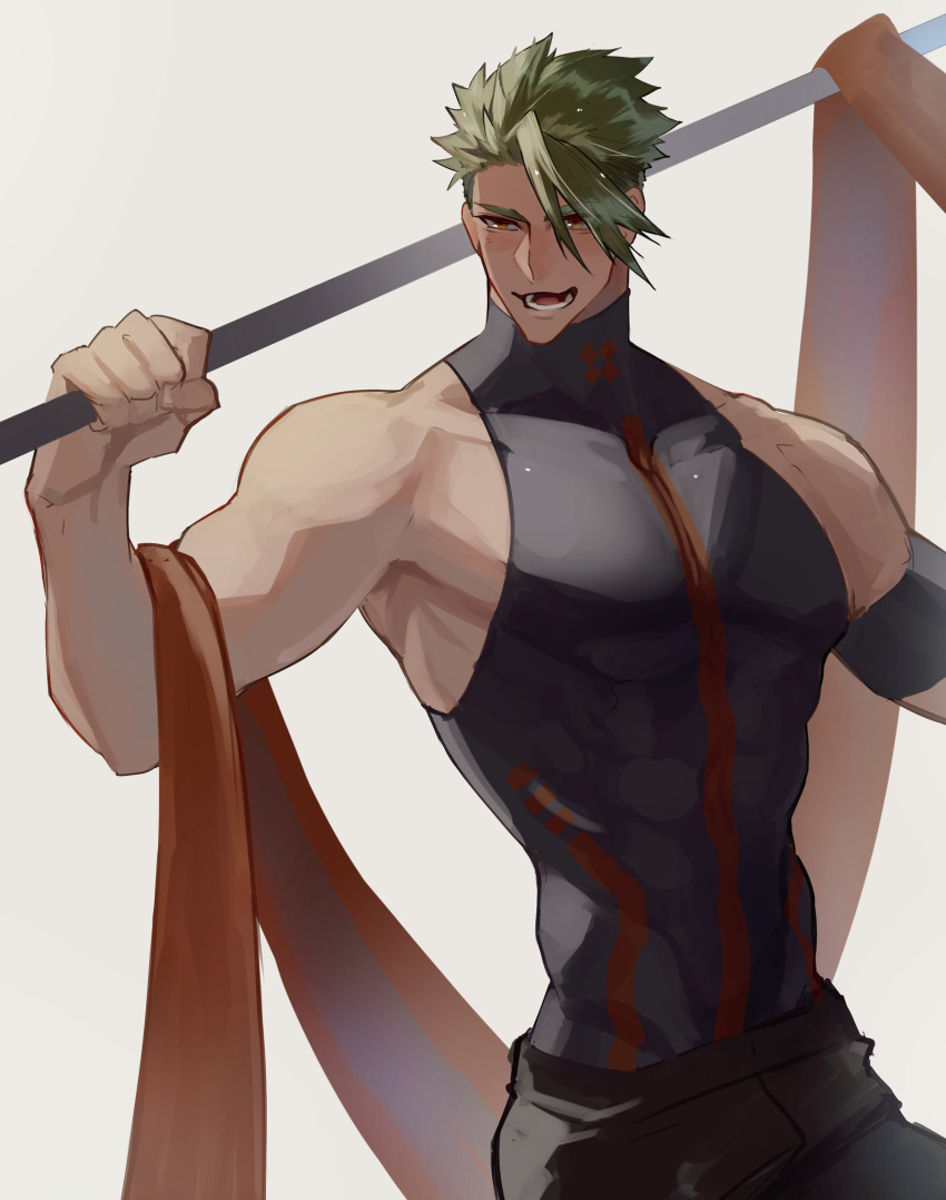 1boy abs achilles_(fate) achilles_(fearless_diver)_(fate) armband black_armband black_pants black_shirt brown_eyes cowboy_shot fate/grand_order fate_(series) green_hair haruakira highres holding holding_polearm holding_weapon large_pectorals looking_to_the_side lower_teeth_only male_focus muscular muscular_male open_mouth orange_sash pants pectorals polearm shirt short_hair sidepec simple_background teeth turtleneck weapon white_background