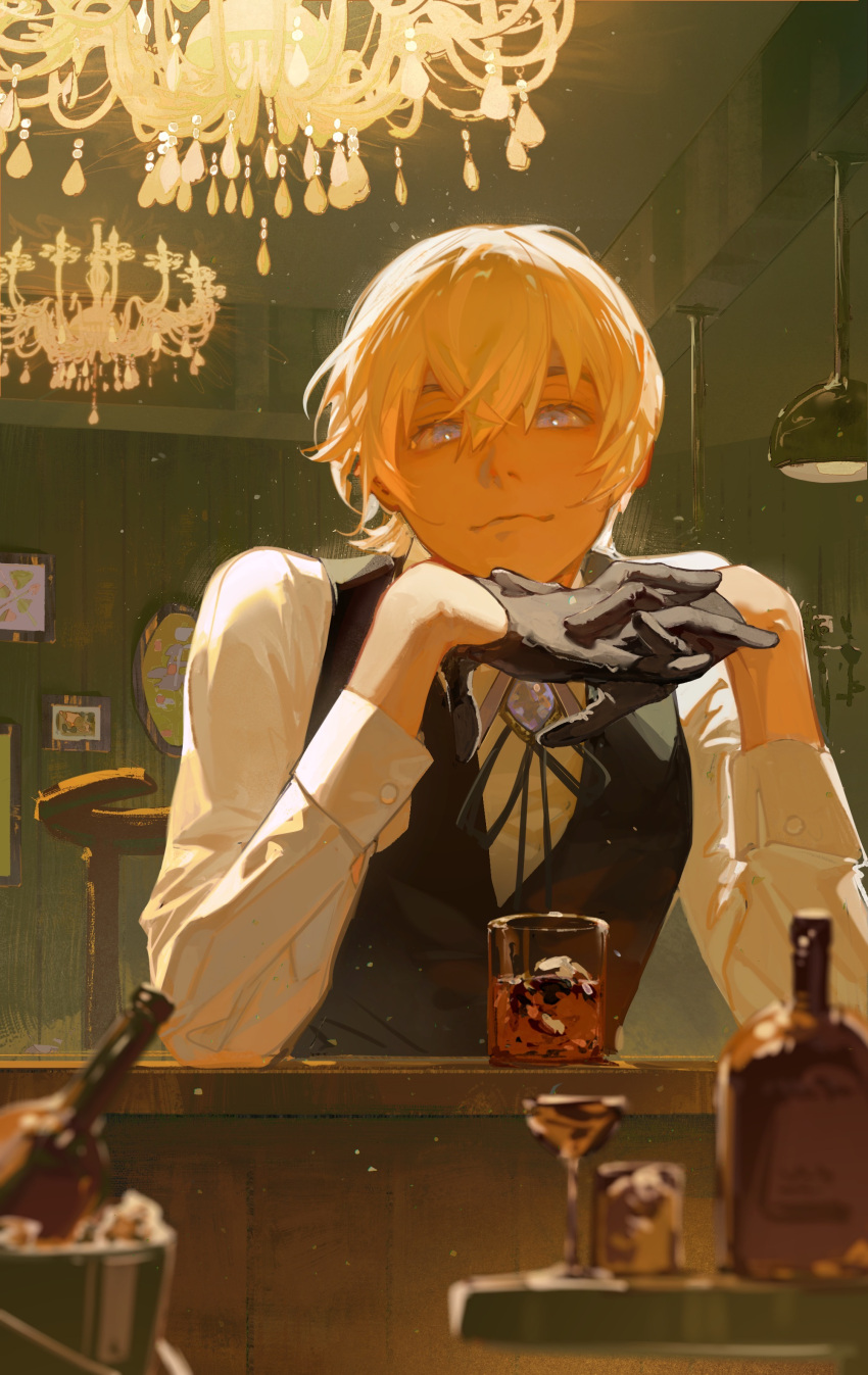 1boy absurdres alcohol amuro_tooru black_gloves black_ribbon black_vest blonde_hair bloom blue_eyes ceiling chandelier closed_mouth cmpovar crossed_bangs english_commentary gloves hair_between_eyes hand_on_own_chin highres ice ice_bucket indoors long_sleeves looking_at_viewer male_focus meitantei_conan neck_ribbon own_hands_together picture_frame ribbon shirt short_hair sidelocks smile solo sweater_vest upper_body vest white_shirt wooden_wall
