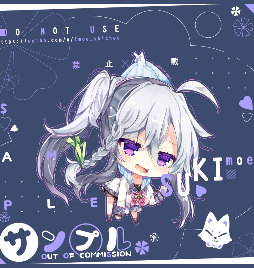 1girl 2020 9-nine- :3 ahoge artist_name blue_background blush braid chibi chinese_commentary colored_eyelashes cursor dated_commentary dress frilled_dress frills furrowed_brow green_ribbon grey_hair hair_between_eyes hair_ribbon hand_up hanging heart highres imoe_(1017933989) long_hair long_sleeves looking_at_viewer neck_ribbon niimi_sora open_mouth pink_ribbon ribbon school_uniform short_dress side_ponytail simple_background single_braid smile solo v very_long_hair violet_eyes wavy_hair white_dress