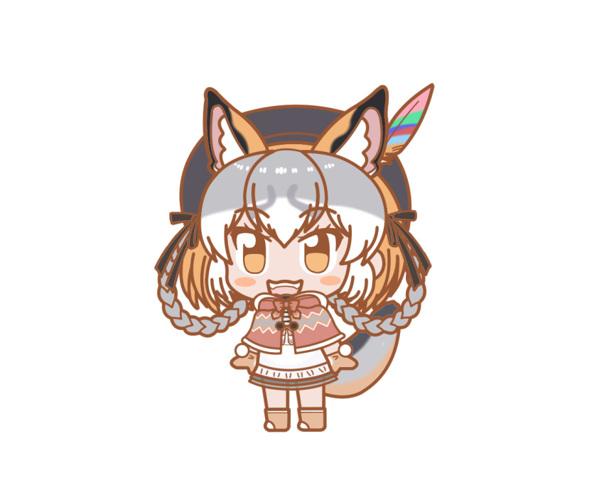 1girl animal_ears cape dress ef63_11 extra_ears fox_ears fox_girl fox_tail full_body gloves grey_hair hat hat_feather island_fox_(kemono_friends) kemono_friends kemono_friends_pavilion kemono_friends_v_project long_hair looking_at_viewer multicolored_hair orange_eyes orange_hair shoes simple_background solo sundress tail two-tone_hair virtual_youtuber
