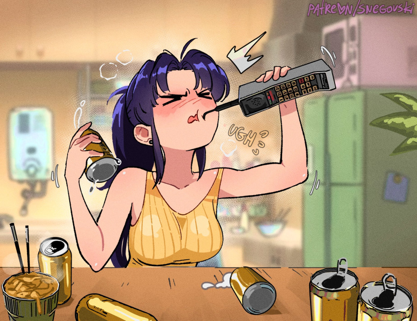 1girl beer_can blush breasts can drunk earrings food highres holding holding_can jewelry katsuragi_misato kitchen neon_genesis_evangelion noodles open_mouth patreon_username phone purple_hair ramen snegovski solo table