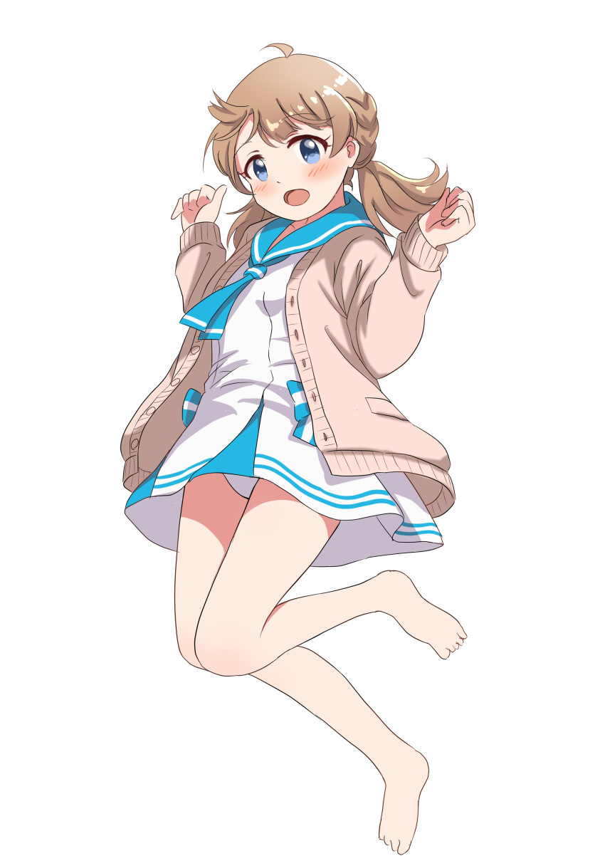 1girl absurdres ahoge bare_legs barefoot blue_bow blue_eyes blue_neckerchief blue_sailor_collar blush bow brown_cardigan brown_hair cardigan commentary_request hands_up highres idolmaster idolmaster_million_live! jumping long_sleeves looking_at_viewer medium_hair midair neckerchief open_cardigan open_clothes open_mouth sailor_collar sailor_swimsuit_(idolmaster) short_twintails solo striped striped_bow suou_momoko thighs twintails white_background white_swimsuit yukiho_kotori