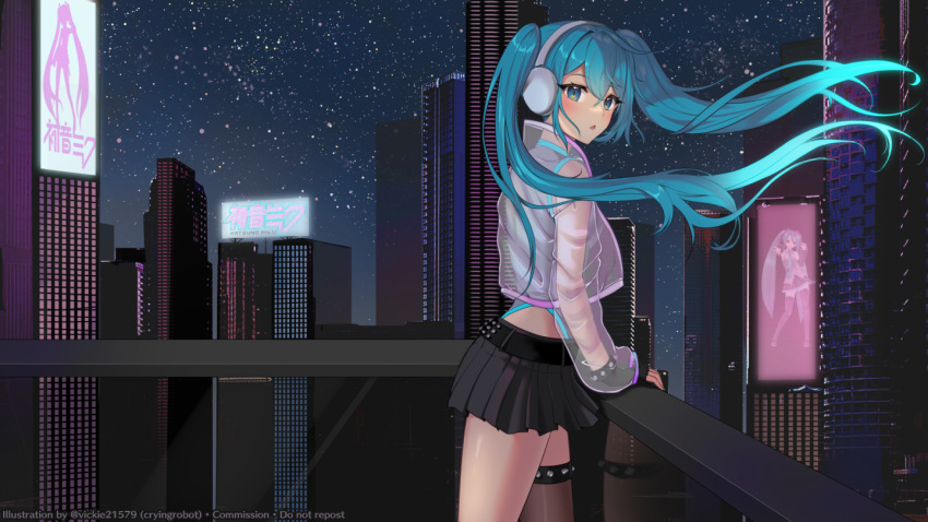 1girl black_skirt blue_eyes blue_hair hatsune_miku headphones jacket long_hair long_sleeves open_mouth skirt solo twintails very_long_hair vickie_(cryingrobot) vocaloid