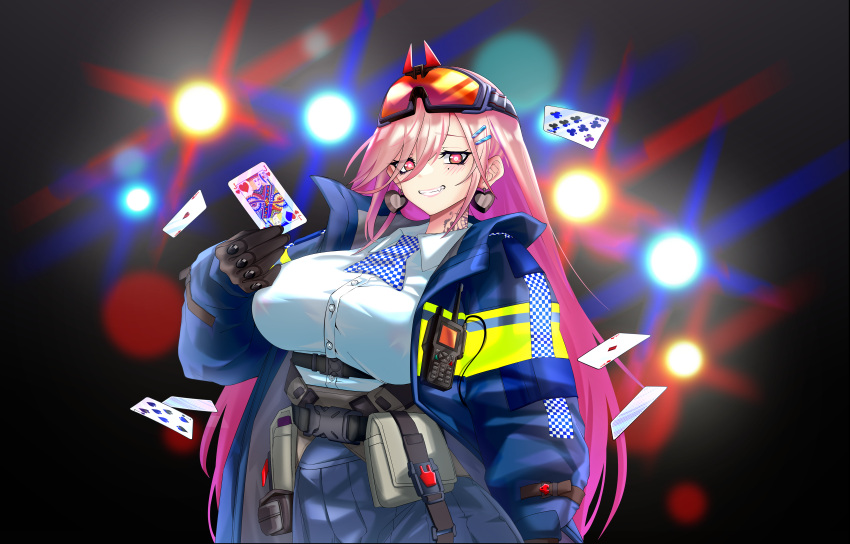 1girl absurdres belt blue_skirt breasts card commission commissioner_upload dark_background earrings girls_frontline gloves goggles goggles_on_head gun heart heart_earrings highres holding holding_card jacket jewelry large_breasts long_hair metropolitan_police_service mole mole_under_eye neck_tattoo non-web_source open_clothes open_jacket pink_hair playing_card police police_uniform pouch red_eyes rifle samsam_s2s shirt sig_mcx_(girls'_frontline) skirt smile tattoo uniform walkie-talkie weapon