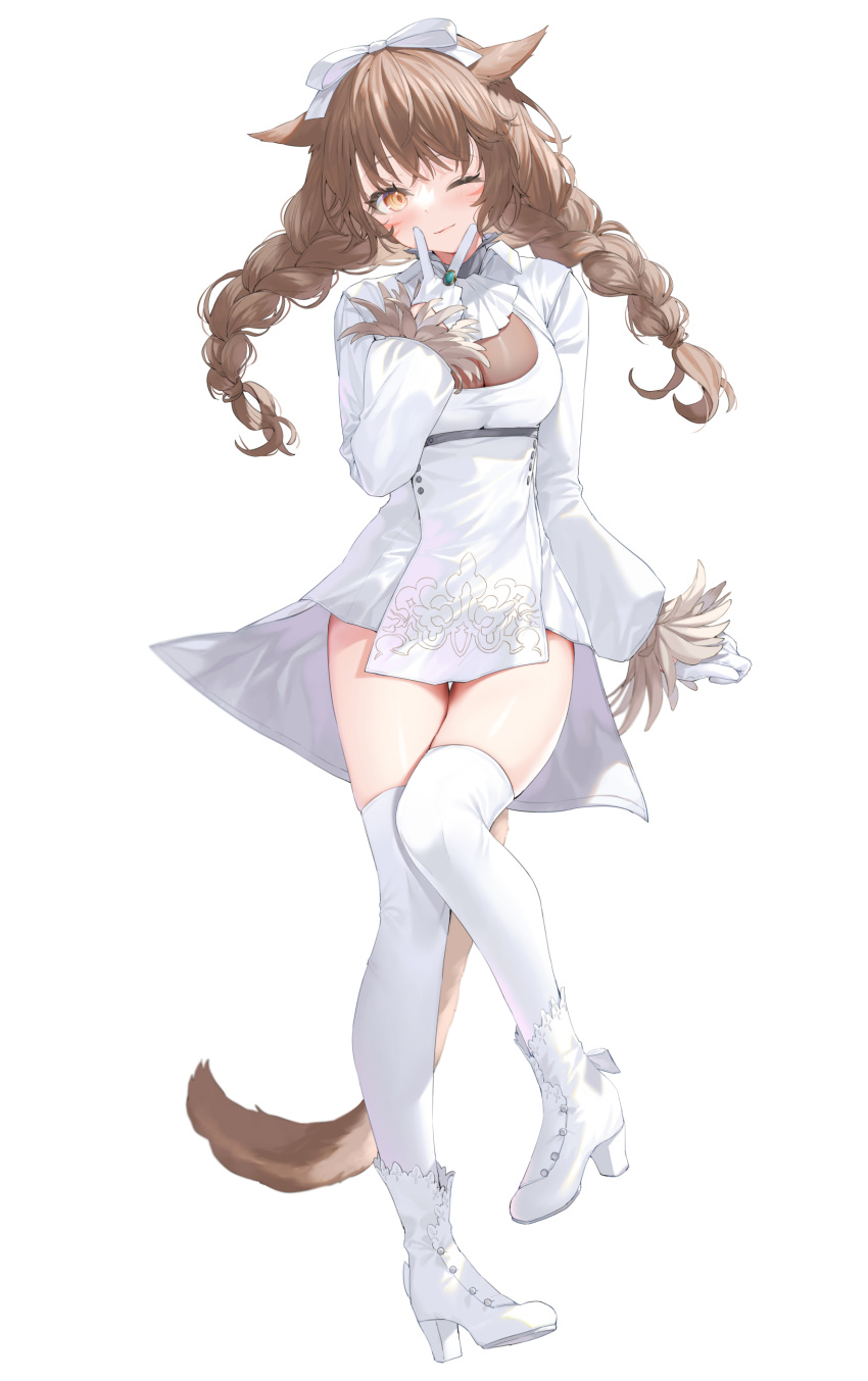 1girl absurdres animal_ears boots bow braid brown_eyes brown_hair closed_mouth dress final_fantasy final_fantasy_xiv full_body gem gloves green_gemstone hair_bow half_gloves highres jewelry long_hair long_sleeves looking_at_viewer miqo'te one_eye_closed ring simple_background smile solo standing tail thigh-highs twin_braids v warrior_of_light_(ff14) white_background white_bow white_dress white_footwear white_gloves white_thighhighs yana_mori