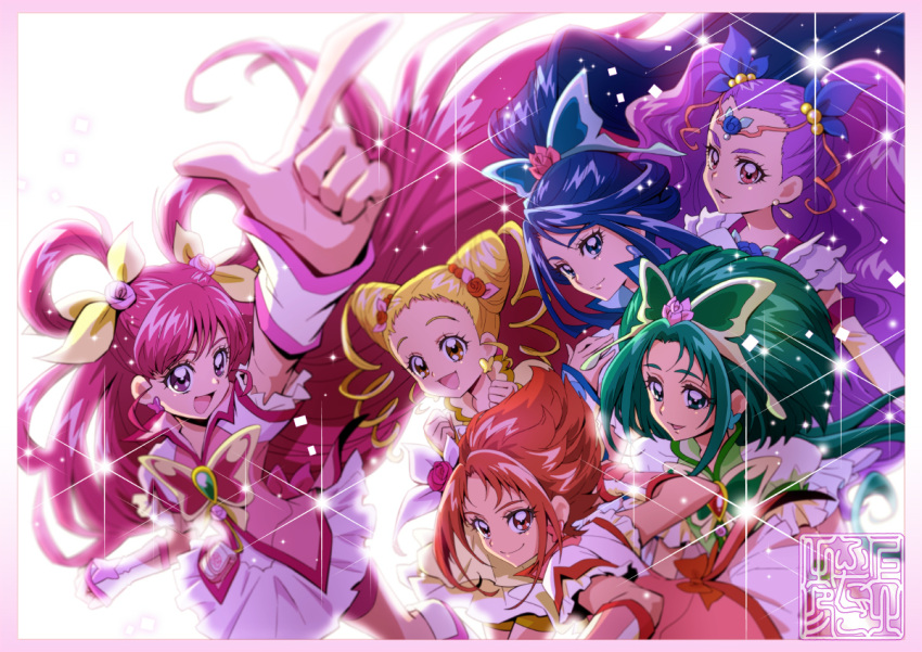 6+girls :d akimoto_komachi artist_logo bike_shorts bike_shorts_under_skirt blonde_hair blue_eyes blue_hair border bug butterfly butterfly_earrings butterfly_hair_ornament commentary_request cure_aqua cure_dream cure_lemonade cure_mint cure_rouge dress drill_hair earrings eyelashes flower green_eyes green_hair hair_flower hair_ornament hair_rings happy jewelry kamikita_futago kasugano_urara_(yes!_precure_5) long_hair looking_at_viewer magical_girl milk_(yes!_precure_5) milky_rose mimino_kurumi minazuki_karen multiple_girls natsuki_rin open_mouth pink_border pink_eyes pink_hair ponytail precure puffy_sleeves purple_dress red_eyes redhead short_hair shorts shorts_under_skirt simple_background skirt smile spiky_hair twin_drills twintails vest violet_eyes white_background yellow_eyes yes!_precure_5 yes!_precure_5_gogo! yumehara_nozomi
