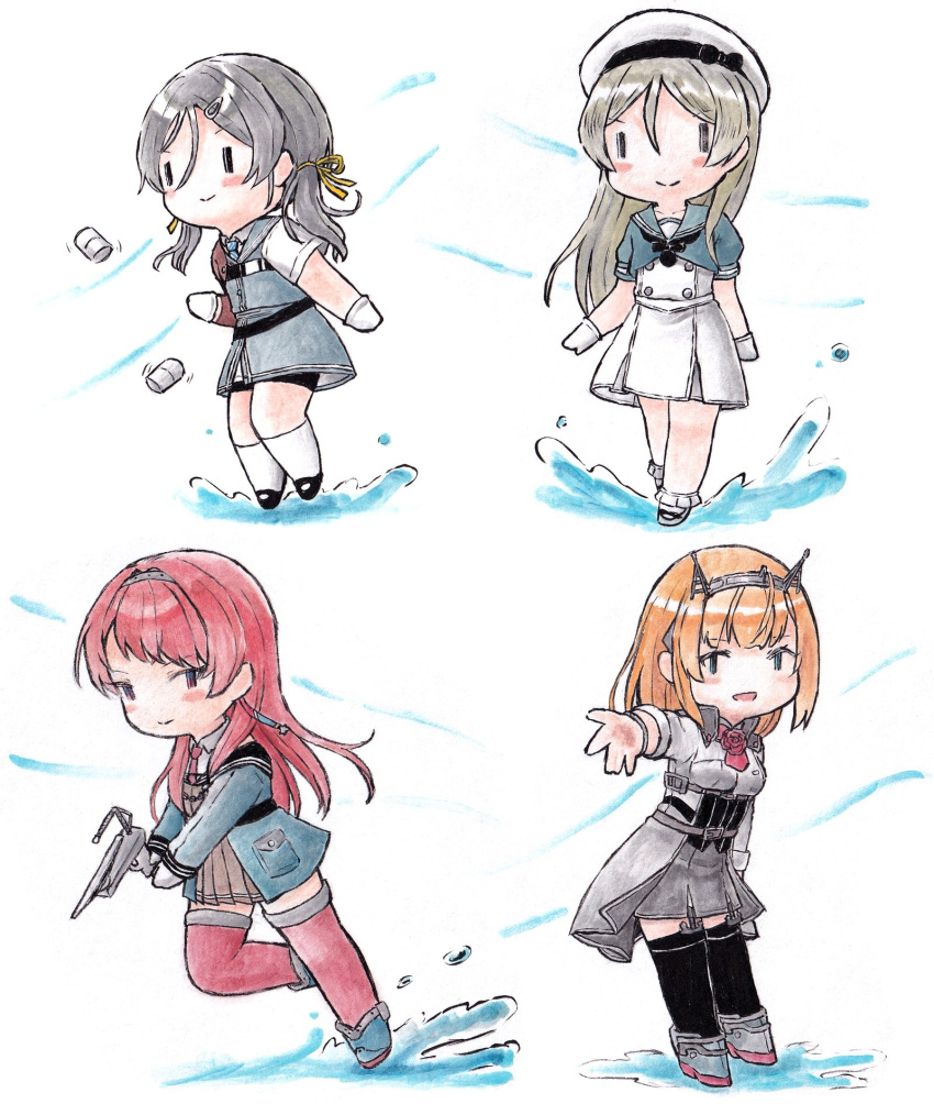 4girls black_thighhighs blonde_hair blue_sailor_collar breasts chibi closed_mouth depth_charge dress garter_straps gloves grey_hair hair_between_eyes hair_ornament hair_ribbon hairband hairclip headgear highres holding inagi_(kancolle) javelin_(kancolle) kantai_collection long_hair long_sleeves multiple_girls nevada_(kancolle) open_mouth pleated_skirt poipoi_purin red_thighhighs redhead ribbon rodney_(kancolle) sailor_collar sailor_dress short_hair simple_background skirt smile socks thigh-highs white_gloves white_socks yellow_ribbon