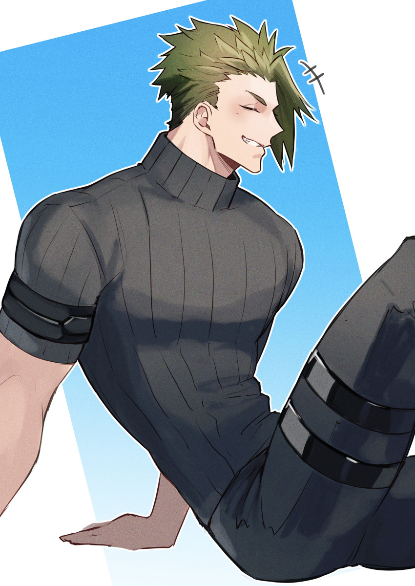 1boy absurdres achilles_(fate) black_pants black_shirt blush closed_eyes facing_to_the_side fate/apocrypha fate_(series) from_side green_hair grin haruakira highres male_focus muscular muscular_male outline pants ribbed_shirt shirt short_hair short_sleeves sitting smile solo thigh_strap undercut white_outline