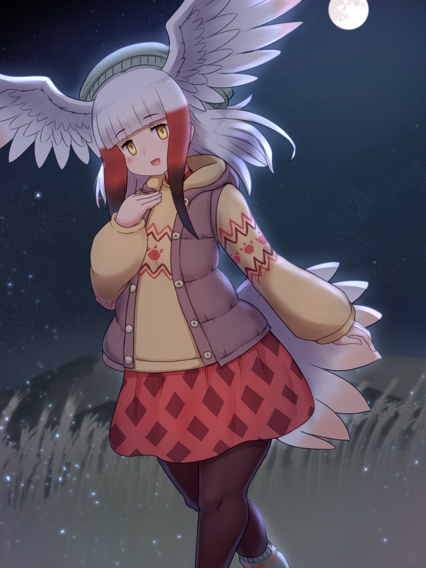 1girl :d absurdres arm_at_side backlighting baggy_clothes beanie bird_girl bird_tail bird_wings blunt_bangs brown_best brown_pantyhose buttons commentary_request empty_eyes eyelashes feet_out_of_frame full_moon hand_up hat head_wings highres hood hood_down hooded_vest hoodie japanese_crested_ibis_(kemono_friends) kemono_friends long_hair long_sleeves looking_at_viewer miniskirt mo23 moon multicolored_hair night night_sky open_clothes open_mouth open_vest outdoors pantyhose red_skirt redhead skirt sky sleeves_past_wrists smile solo spread_wings star_(sky) starry_sky tail unbuttoned vest walking white_hair wings yellow_eyes yellow_hoodie