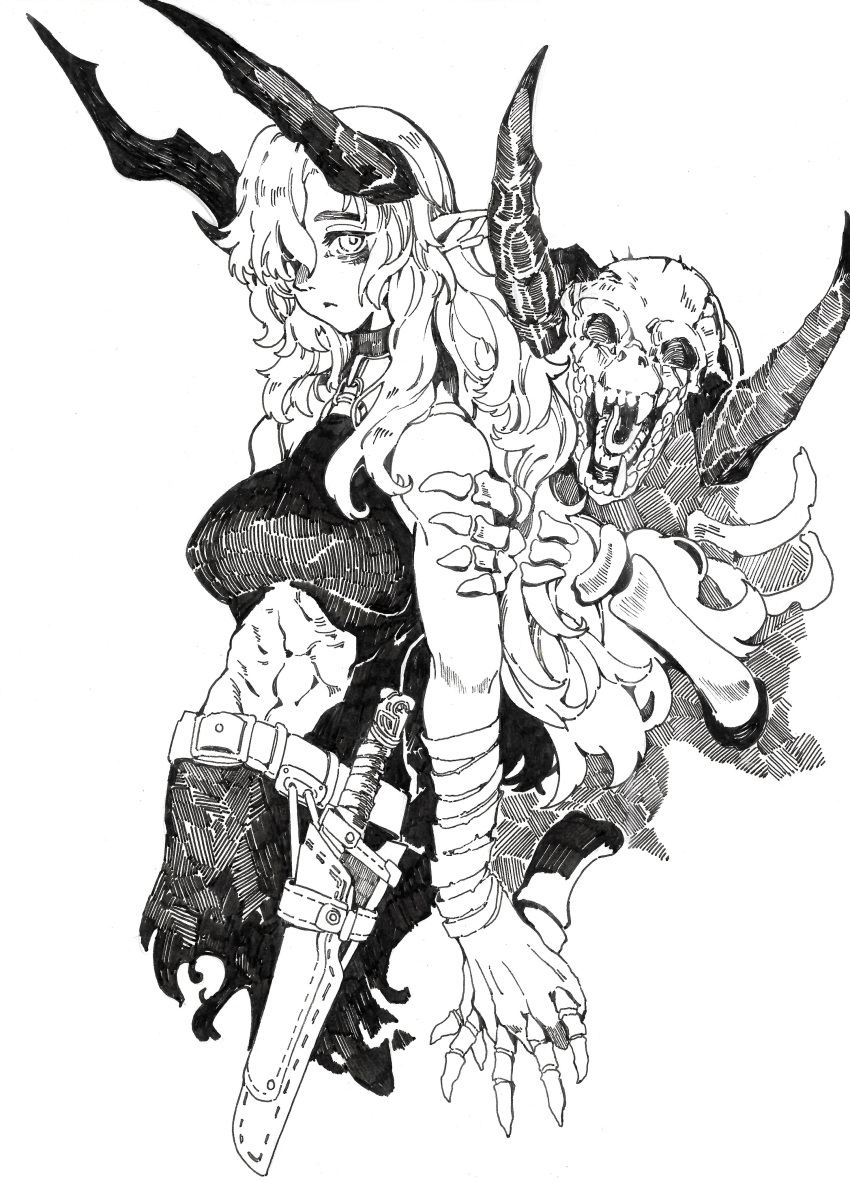 1girl 1other absurdres bare_shoulders breasts demon demon_girl fantasy greyscale highres horns long_hair looking_at_viewer matata1203 medium_breasts monochrome muscular muscular_female original pointy_ears stomach tagme