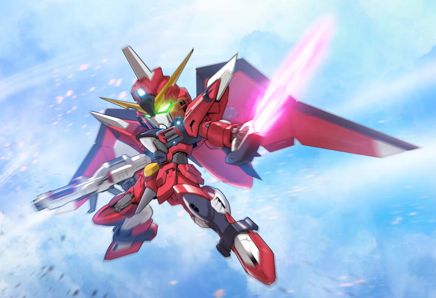 absurdres beam_saber commentary dual_wielding energy_blade energy_sword glowing glowing_eyes green_eyes gundam gundam_seed gundam_seed_freedom highres holding holding_sword holding_weapon immortal_justice_gundam leg_blade looking_at_viewer mecha mobile_suit no_humans red_background robot shield solo sword v-fin weapon zakuma