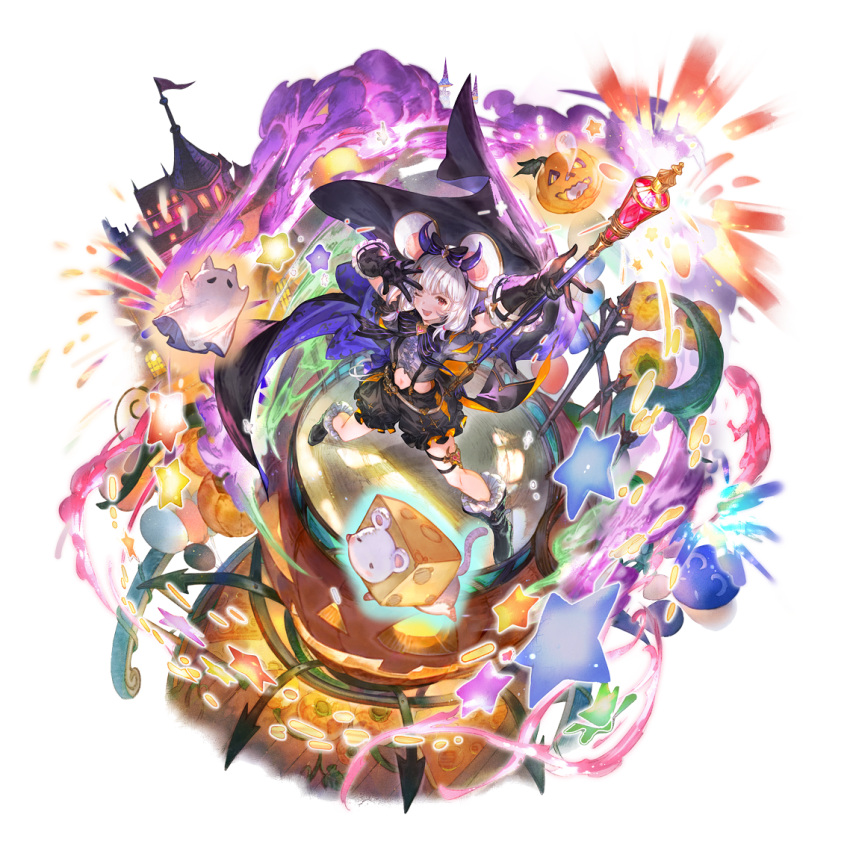 1girl alpha_transparency animal_ears black_cape black_gloves black_shirt black_shorts blush boots cape fake_animal_ears fake_horns frilled_gloves frilled_shirt frilled_shorts frills full_body gloves granblue_fantasy h hair_ornament halloween holding holding_scepter horns jack-o'-lantern looking_at_viewer midriff minaba_hideo mouse mouse_ears navel official_alternate_costume one_eye_closed open_mouth puffy_short_sleeves puffy_sleeves red_eyes scepter shirt short_sleeves shorts solo suspenders vikala_(granblue_fantasy)