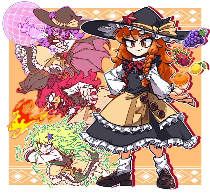 1girl :q amerika_zarigani azusa_(cookie) black_headwear black_skirt black_vest blonde_hair blue_eyes bow bowtie braid breathing_fire brown_footwear buttons closed_mouth commentary_request cookie_(touhou) dragon_fruit dragon_girl dragon_wings electricity fire flat_chest food frilled_skirt frills fruit full_body glasses grapes hair_bow hat hat_bow highres holographic_interface kirisame_marisa lemon loafers long_hair looking_at_viewer medium_bangs open_mouth orange_(fruit) orange_eyes orange_hair purple_hair red_bow red_bowtie red_eyes red_nails red_star redhead shirt shoes single_braid skirt skirt_set smile socks standing star_(symbol) tongue tongue_out touhou turtleneck vest violet_eyes white_bow white_shirt wings witch_hat