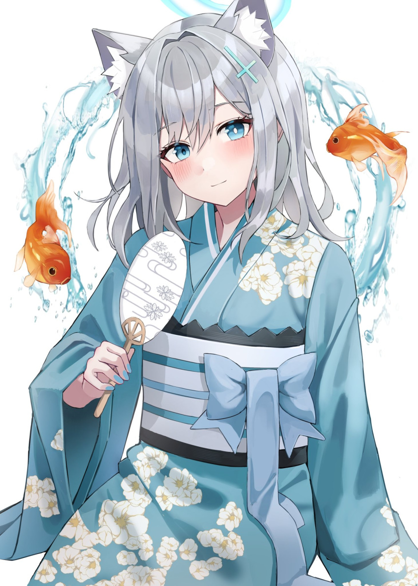 1girl animal animal_ear_fluff animal_ears blue_archive blue_eyes blue_kimono blush closed_mouth cross_hair_ornament extra_ears fish floral_print goldfish grey_hair hair_ornament hand_fan highres holding holding_fan japanese_clothes kim_leeyoon kimono long_sleeves looking_at_viewer medium_hair obi paper_fan print_kimono sash shiroko_(blue_archive) simple_background smile solo uchiwa water white_background wide_sleeves wolf_ears