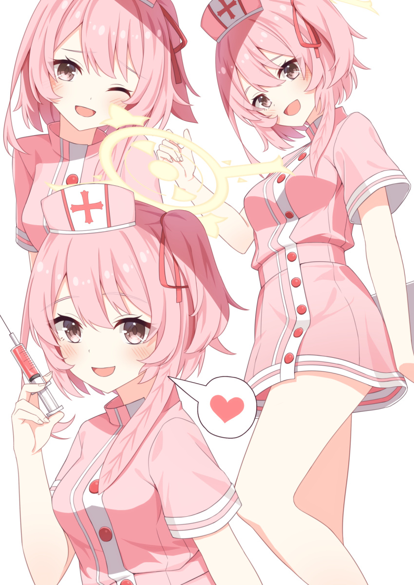 1girl blue_archive blush breasts buttons divergenceok dress halo hat heart highres holding holding_syringe medium_breasts multiple_views nurse_cap one_eye_closed one_side_up open_mouth pink_dress pink_eyes pink_hair pink_headwear serina_(blue_archive) short_hair short_sleeves simple_background smile spoken_heart syringe white_background yellow_halo