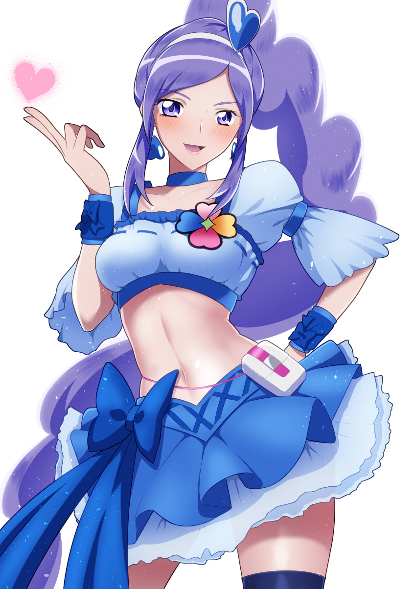 1girl absurdres aono_miki blue_choker blue_eyes blue_skirt bow breasts choker cure_berry earrings fresh_precure! hair_ornament hairband heart heart_hair_ornament highres jewelry long_hair magical_girl midriff navel on_kazu ponytail pouch precure purple_hair simple_background skirt small_breasts smile solo thigh-highs violet_eyes white_background