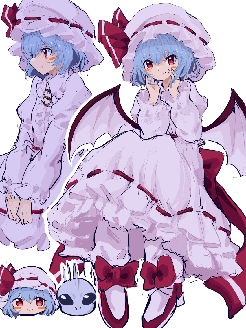 1girl absurdres ascot bat_wings blue_hair blush bow brooch commentary dress fang footwear_bow frills full_body hat hat_ribbon high_heels highres jewelry long_sleeves looking_at_viewer mob_cap mugi_(mugimugi_9kv) multiple_views pink_dress puffy_sleeves purple_dress purple_headwear red_bow red_eyes red_footwear red_ribbon remilia_scarlet ribbon ribbon-trimmed_dress short_hair simple_background skin_fang smile touhou white_background wings