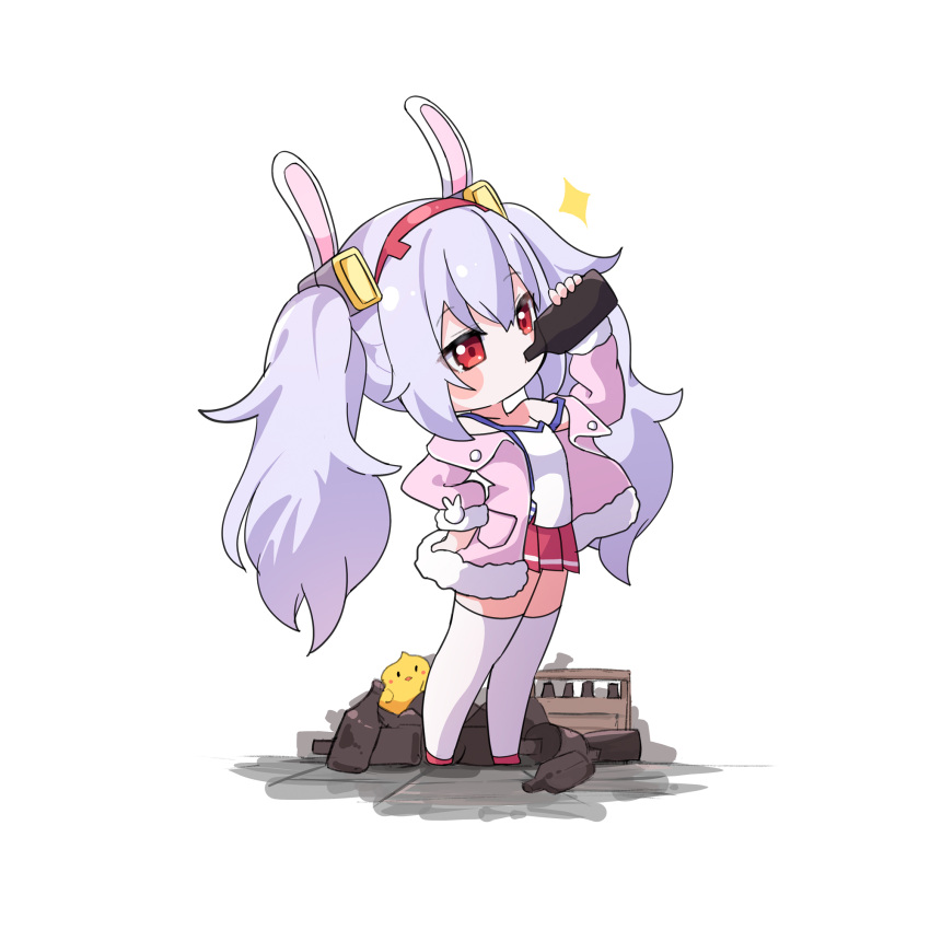 1girl ame. animal animal_ears arm_up azur_lane bird blush_stickers bottle camisole chibi chick commentary_request drinking fake_animal_ears fur-trimmed_jacket fur-trimmed_sleeves fur_trim grey_hair hair_between_eyes hairband hand_on_own_hip highres holding holding_bottle jacket laffey_(azur_lane) long_hair long_sleeves manjuu_(azur_lane) off_shoulder open_clothes open_jacket pink_jacket pleated_skirt rabbit_ears red_eyes red_footwear red_hairband red_skirt shoes simple_background skirt solo sparkle standing strap_slip thigh-highs twintails very_long_hair white_background white_camisole white_thighhighs