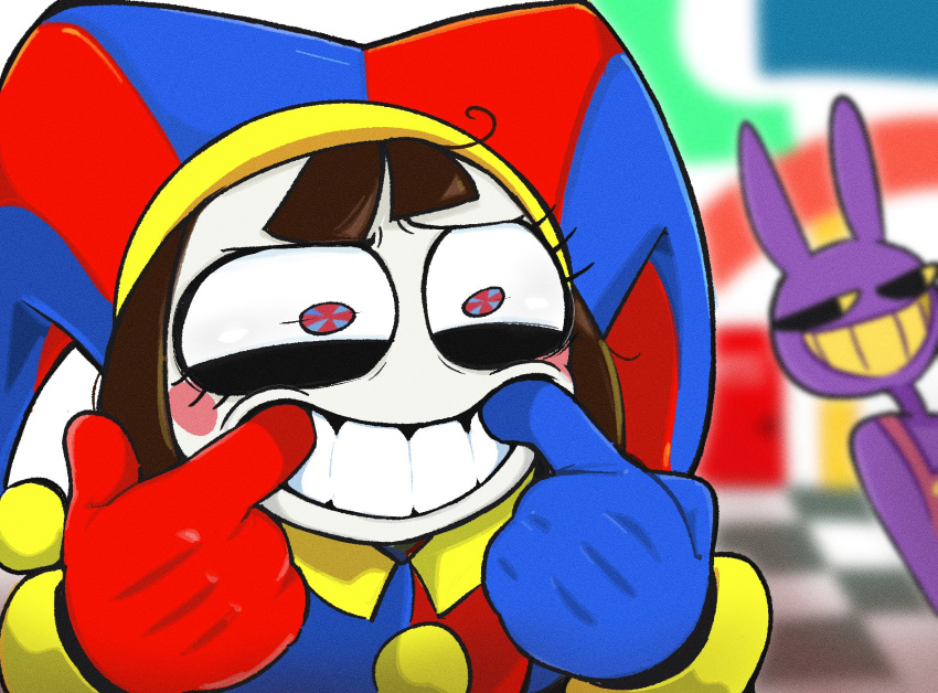 1boy 1girl asymmetrical_gloves blue_eyes blue_gloves blush_stickers brown_hair colored_sclera finger_in_own_mouth forced_smile gloves highres jax_(the_amazing_digital_circus) joker_(2019) kim_crab mismatched_gloves mouth_pull multicolored_clothes multicolored_eyes multicolored_headwear pomni_(the_amazing_digital_circus) rabbit_boy red_eyes red_gloves the_amazing_digital_circus yellow_sclera yellow_teeth