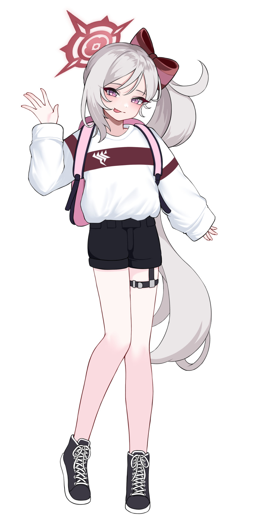 1girl 82jhin absurdres alternate_costume black_footwear black_shorts blue_archive full_body grey_hair halo highres long_hair long_sleeves mutsuki_(blue_archive) red_halo shirt shoes shorts side_ponytail simple_background sneakers solo violet_eyes white_background white_shirt