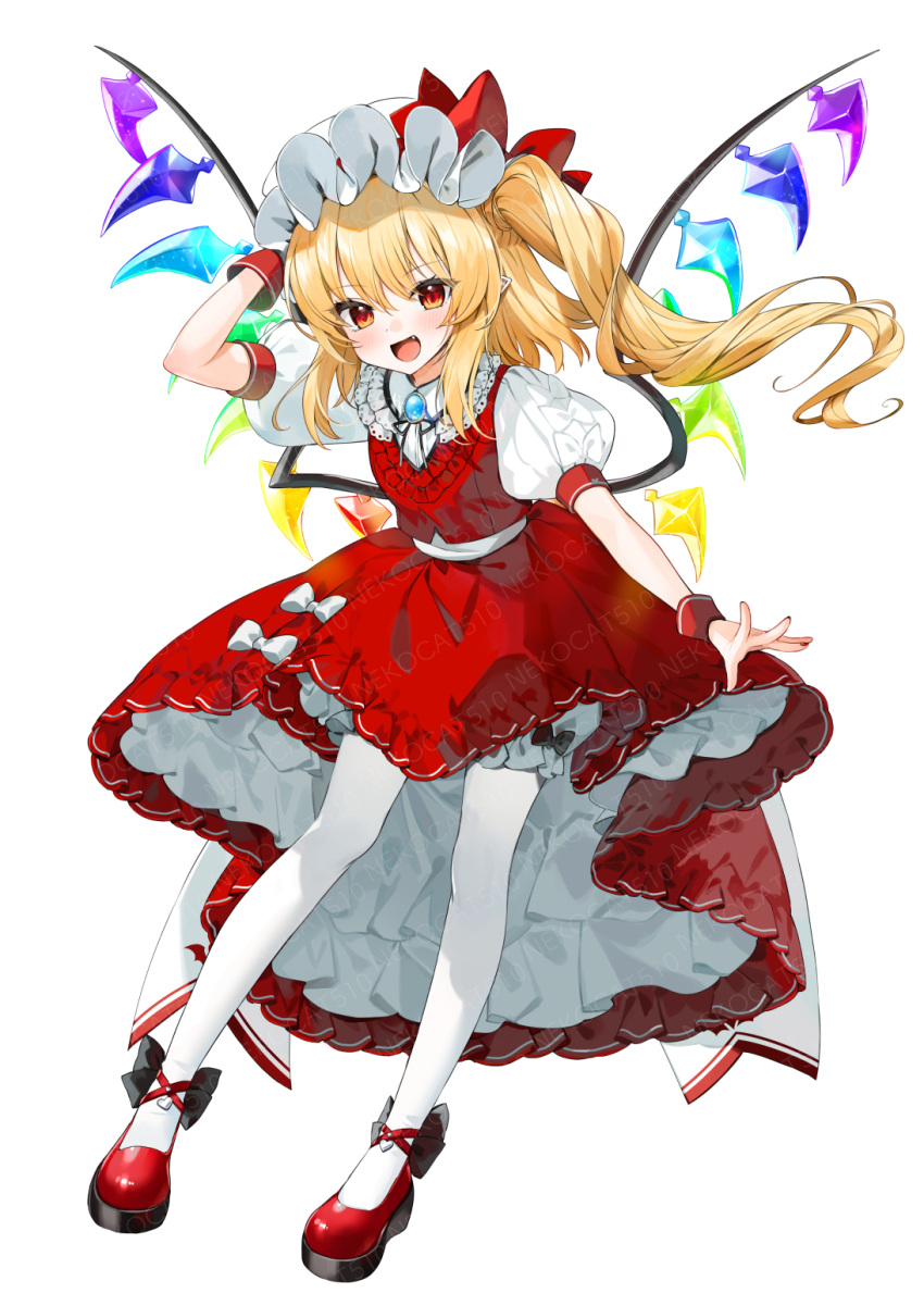 1girl blonde_hair bloomers blush crystal fang flandre_scarlet frilled_skirt frills full_body gotoh510 hat highres long_hair mob_cap one_side_up open_mouth pantyhose pointy_ears puffy_short_sleeves puffy_sleeves red_eyes red_footwear red_skirt red_vest shirt shoes short_sleeves simple_background skirt smile solo touhou vest watermark white_background white_bloomers white_headwear white_pantyhose white_shirt wings wrist_cuffs