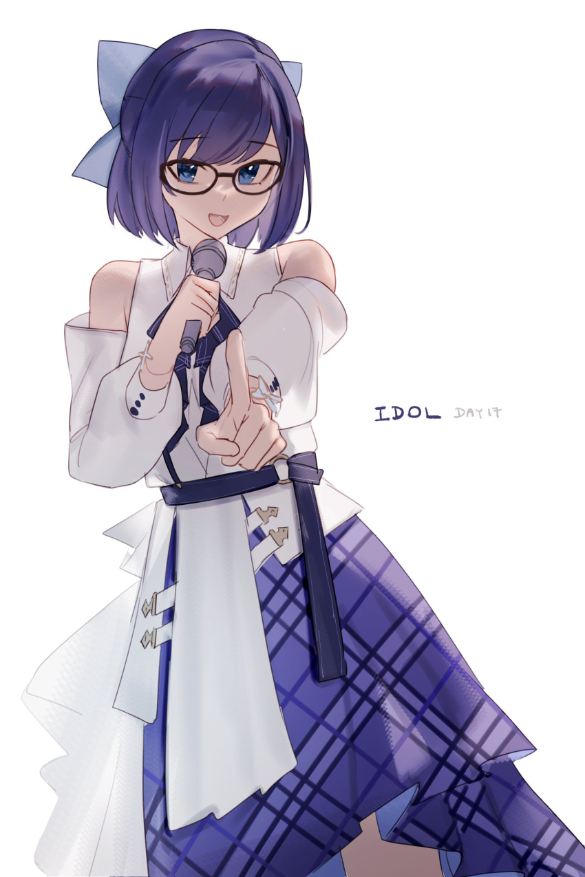 1girl a-chan_(hololive) absurdres aragiken blue_eyes bob_cut detached_sleeves dress glasses highres holding holding_microphone hololive hololive_idol_uniform idol looking_at_viewer microphone open_mouth pointing pointing_at_viewer purple_hair purple_skirt skirt virtual_youtuber white_background white_dress