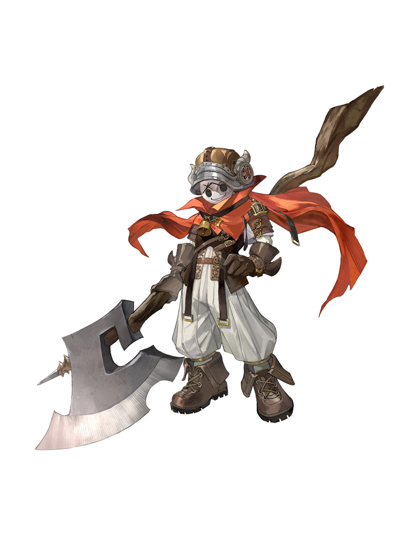 1boy alternate_costume armor axe battle_axe bell belt belt_buckle boots broken_mask brown_belt brown_footwear brown_gloves buckle cape child covered_face cross-laced_footwear fake_horns full_body gloves helm helmet high-waist_pants highres holding holding_axe horned_helmet horns identity_v lace-up_boots looking_at_viewer majimaji_studio male_focus mask neck_bell pants red_cape robbie_(identity_v) shoulder_armor shoulder_belt simple_background solo standing weapon white_background white_pants