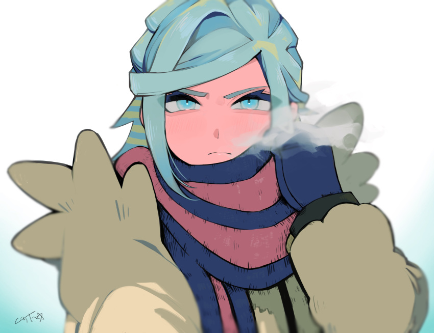 1boy absurdres blue_mittens blue_scarf blurry breath closed_mouth commentary_request eyelashes frown green_eyes green_hair grusha_(pokemon) highres jacket kurota_(hmdstk0801) long_sleeves looking_at_viewer male_focus mittens pokemon pokemon_(game) pokemon_sv scarf solo striped striped_scarf upper_body yellow_jacket
