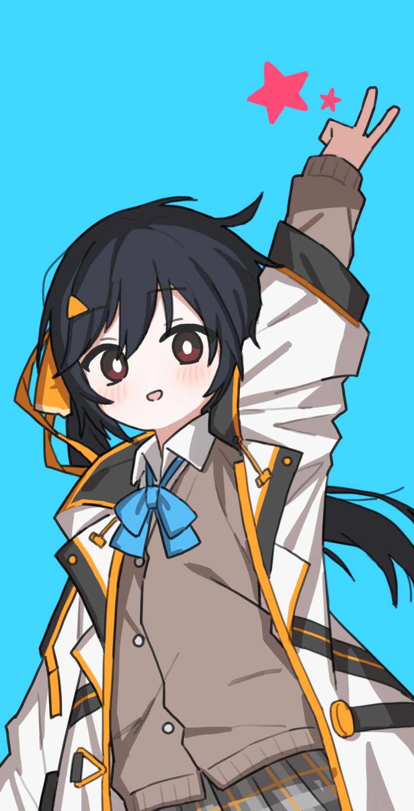 1girl arm_up black_coat black_hair blue_background blue_bow blue_bowtie blush bow bowtie bright_pupils brown_cardigan cardigan chinese_commentary coat collared_shirt commentary_request cowboy_shot floating_hair grey_skirt hair_ornament hair_ribbon hairclip highres long_hair long_sleeves looking_at_viewer loose_bowtie lurenjia multicolored_coat nagase_yuka open_clothes open_coat open_mouth orange_ribbon plaid plaid_skirt pleated_skirt ribbon riot_music shirt side_ponytail simple_background skirt smile solo star_(symbol) v virtual_youtuber white_coat white_pupils white_shirt yellow_coat
