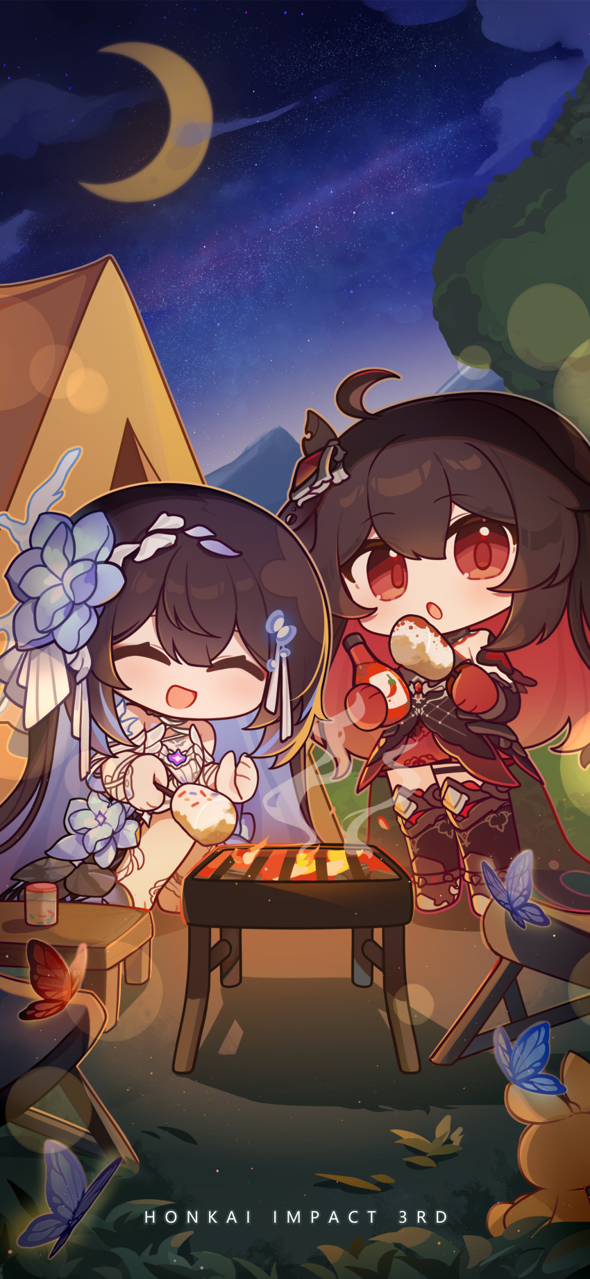 2girls :d :o absurdres ahoge animal birthday black_dress black_hair black_headwear blue_butterfly blue_flower bug butterfly camping chinese_commentary closed_eyes clouds colored_inner_hair cooking crescent dress eta flower food gloves grass grilling hair_flower hair_ornament happy highres honkai_(series) honkai_impact_3rd long_hair marshmallow moon multicolored_hair multiple_girls night night_sky official_art official_wallpaper open_mouth outdoors pepper_(spice) red_butterfly red_eyes red_gloves seele_(alter_ego) seele_vollerei seele_vollerei_(herrscher_of_rebirth) seele_vollerei_(starchasm_nyx) sitting sky smile standing tent tree