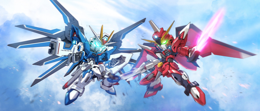 absurdres aiming arm_shield beam_rifle beam_saber blue_eyes chibi clenched_hand clouds cloudy_sky commentary debris dual_wielding energy_blade energy_gun energy_sword full_body glowing glowing_eyes green_eyes gun gundam gundam_seed gundam_seed_freedom highres holding holding_gun holding_sword holding_weapon immortal_justice_gundam leg_blade legs_apart looking_at_viewer making-of_available mecha mechanical_wings mobile_suit no_humans red_background rising_freedom_gundam robot science_fiction sd_gundam shield sky solo sword v-fin weapon wings zakuma