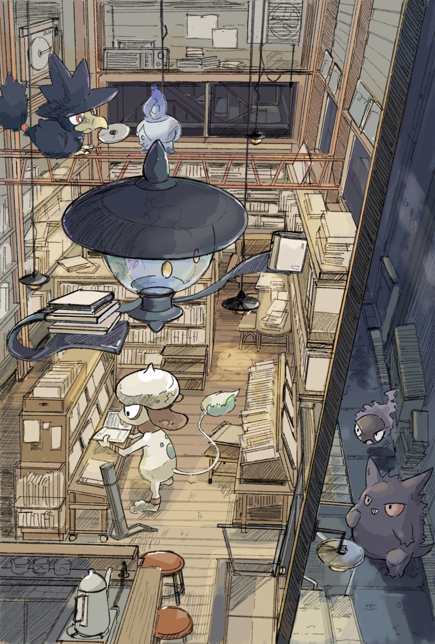 air_conditioner animal_focus book bright_pupils cd coffee_pot floating gastly gengar hanging_light highres holding holding_book indoors lampent library litwick momota_pix mouth_hold murkrow no_humans pokemon reading red_eyes smeargle stool white_pupils wooden_floor yellow_eyes