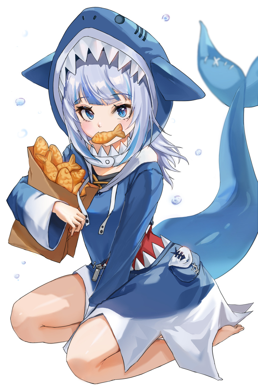 1girl absurdres animal_hood bag barefoot blue_eyes blue_hair blunt_bangs bubble delfin59 fins fish_tail food food_in_mouth full_body gawr_gura gawr_gura_(1st_costume) highres holding holding_food hololive hololive_english hood looking_at_viewer medium_hair paper_bag seiza shark_tail simple_background sitting solo tail taiyaki virtual_youtuber wagashi white_background