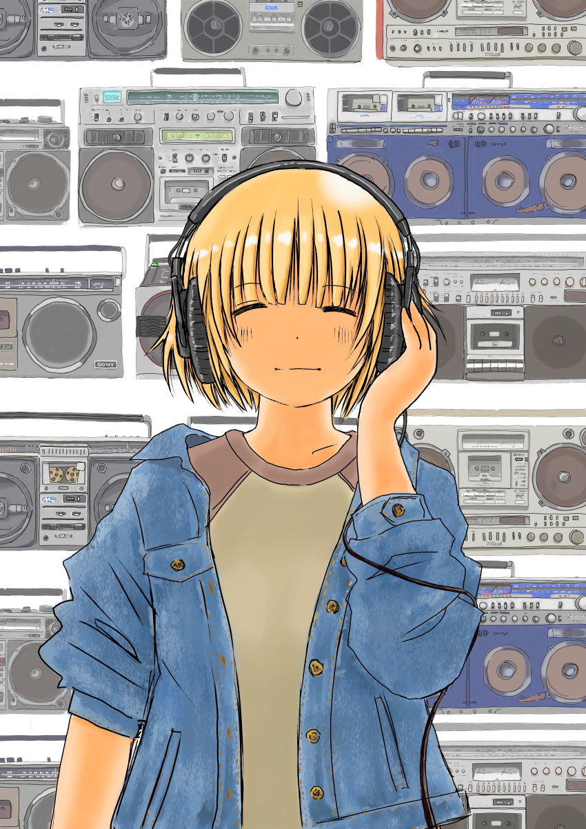1girl ^_^ absurdres blonde_hair boombox closed_eyes denim denim_jacket facing_viewer hand_on_headphones headphones highres jacket marumo_516 open_clothes open_jacket original product_placement shirt short_hair solo standing upper_body wire