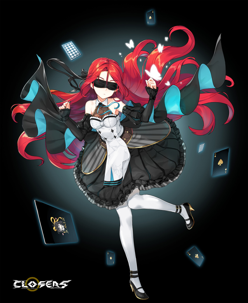 1girl ace_(playing_card) ace_of_clubs ace_of_diamonds ace_of_hearts ace_of_spades anklet aqua_background back_bow bare_shoulders black_background black_blindfold black_bow black_dress black_footwear black_nails black_sleeves blindfold blue_ribbon bow breasts bug butterfly card clenched_hands closed_mouth closers club_(shape) collared_dress copyright_name covered_eyes detached_sleeves diamond_(shape) dress expressionless facing_viewer floating_hair frilled_dress frills full_body glowing_butterfly gradient_background hair_bow hands_up head_tilt heart high_heels highres jewelry joker_(playing_card) juliet_sleeves leg_up logo long_hair long_sleeves mary_janes neck_ribbon official_art pantyhose parted_bangs playing_card puffy_sleeves redhead ribbon seth_(closers) shoes sleeveless sleeveless_dress sleeves_past_wrists small_breasts solo spade_(shape) standing standing_on_one_leg tachi-e two-tone_dress very_long_hair white_dress white_pantyhose