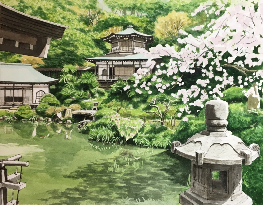 architecture bridge bush cherry_blossoms east_asian_architecture fern forest highres nature no_humans original painting_(medium) plant pond reflection reflective_water scenery toirom_pmxh traditional_media tree water watercolor_(medium)