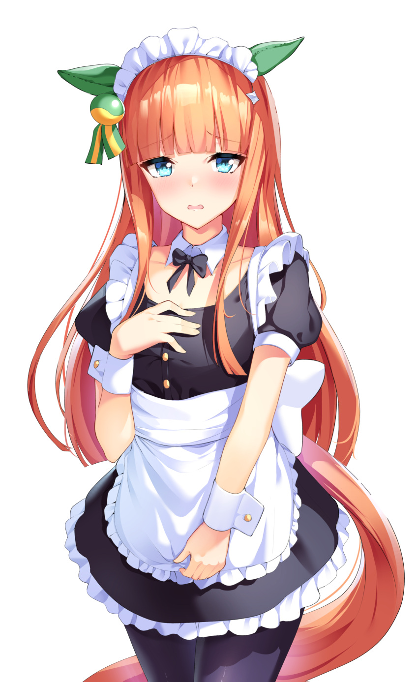 1girl absurdres alternate_costume animal_ears apron blue_eyes blush breasts collarbone enmaided highres hime_cut horse_ears horse_tail looking_at_viewer maid maid_headdress open_mouth pantyhose silence_suzuka_(umamusume) simple_background small_breasts solo sunny_(20597521) tail umamusume white_background